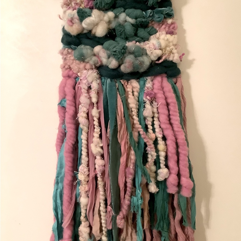 - Handmade Woven Wall Hanging bright mixed fibers, green and pink